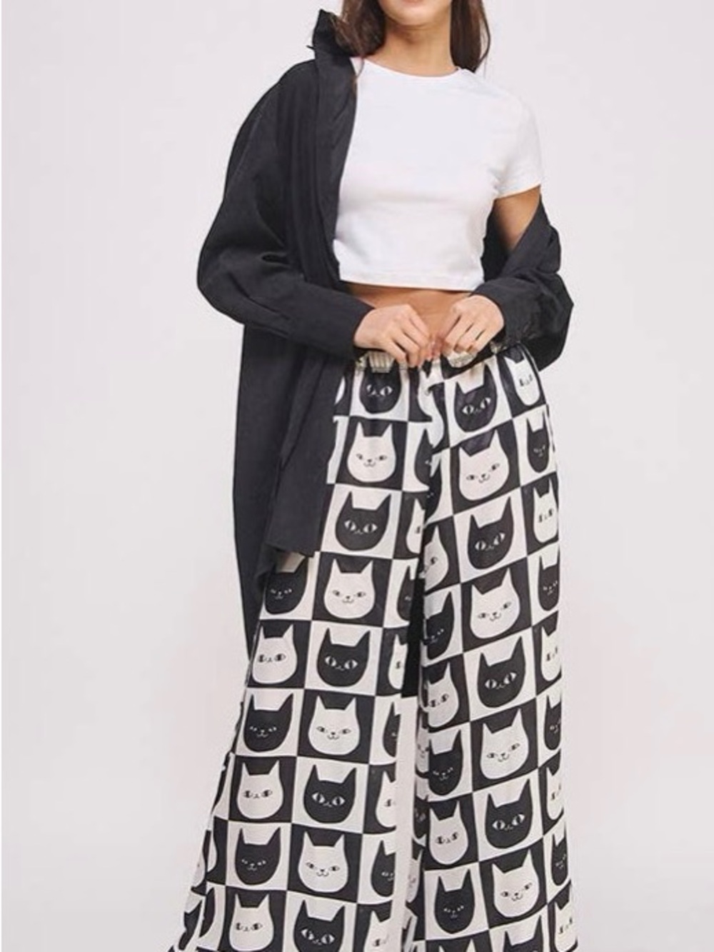 Wide-Leg Cat Print Lounge Pants - Black & White